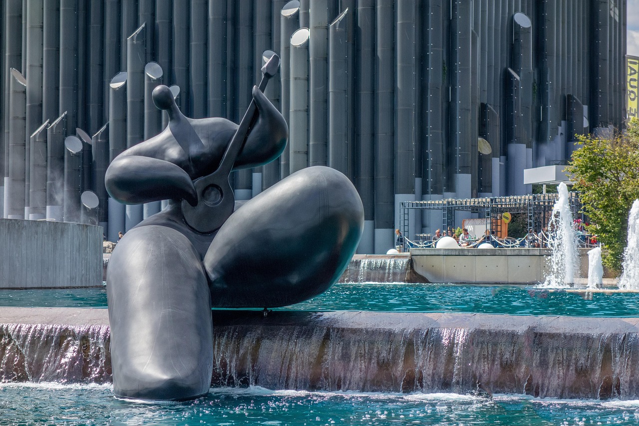 statue, sculpture, art, music, monument, nature, garden, water, basin, futuroscope, france, park