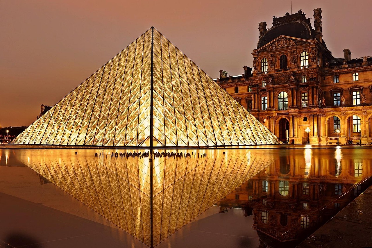 building, architecture, landmark, tourist attraction, facade, exterior, glass exterior, illuminated, museum, pyramid, louvre, paris, france, building, paris, paris, paris, paris, paris, france, france