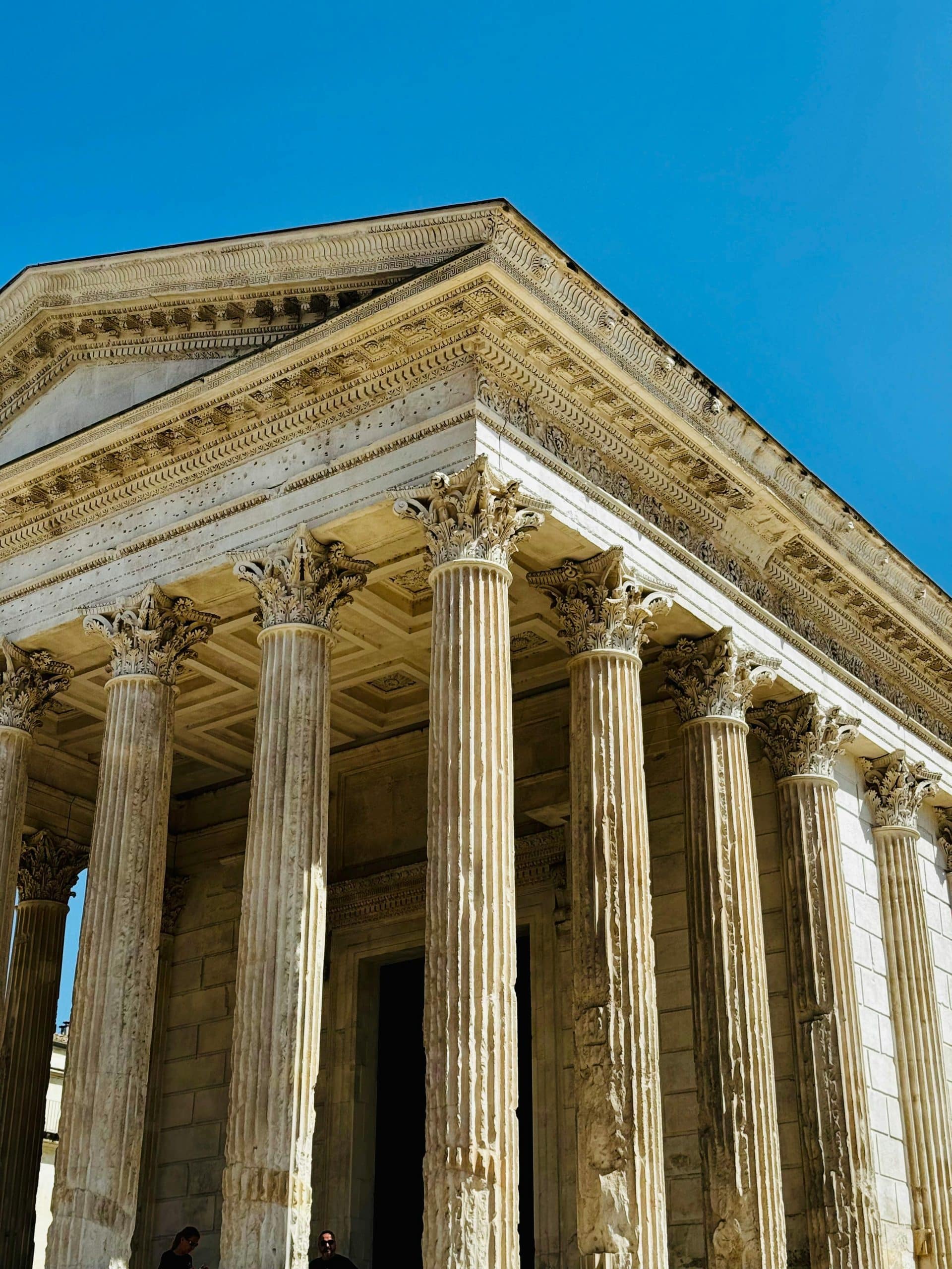 View of the Maison Carrée, a beautifully preserved Roman temple in Nîmes, France.